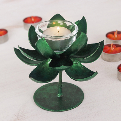 Handmade Lotus-Shaped Metallic Green Steel Tealight Holder