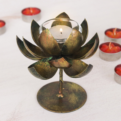 Handmade Lotus-Shaped Antique Golden Steel Tealight Holder
