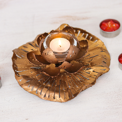 Golden-Toned Lotus-Themed Iron Tealight Candleholder