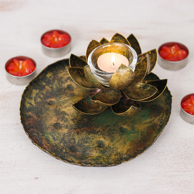 Thai Antiqued Lotus-Themed Iron Tealight Candleholder