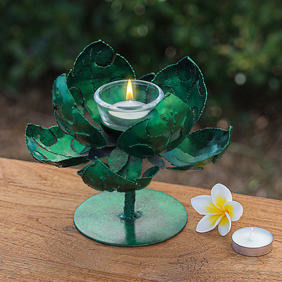 Green Lotus-Themed Iron Tealight Candleholder from Thailand