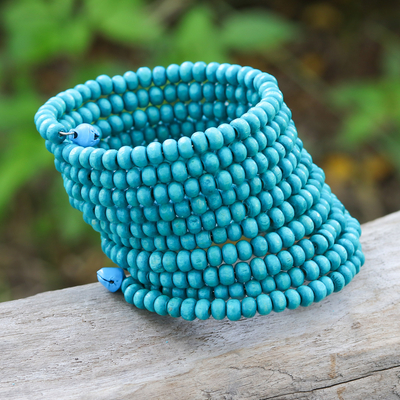 Turquoise Wood Beaded Wrap Bracelet with Bells (2 In)