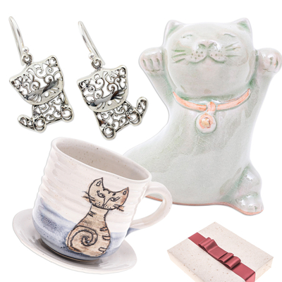 Curated Cat Gift Set with Earrings Figurine Cup and Saucer