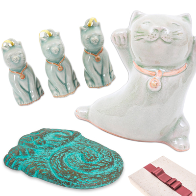 Curated Cat Gift Set with Figurine Wall Art and 3 Ornaments