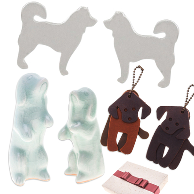 Curated Gift Set with 2 Dog Figurines 2 Keychains & Earrings