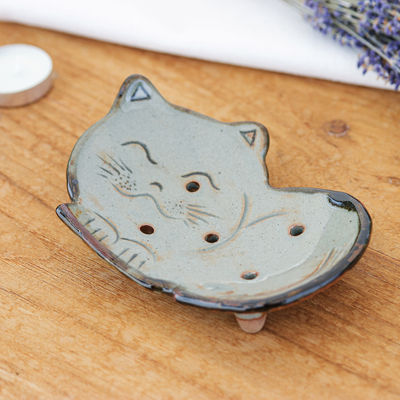 Feline-Shaped Glazed Ceramic Soap Dish Made in Thailand