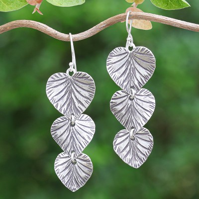 Oxidized Heart-Shaped Leafy Silver Dangle Earrings