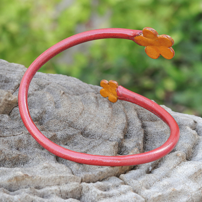 Handcrafted Floral Red and Orange Leather Wrap Bracelet