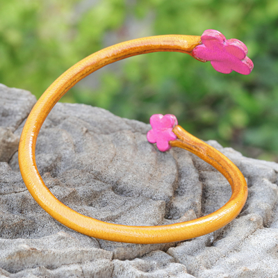 Handcrafted Floral Yellow and Pink Leather Wrap Bracelet