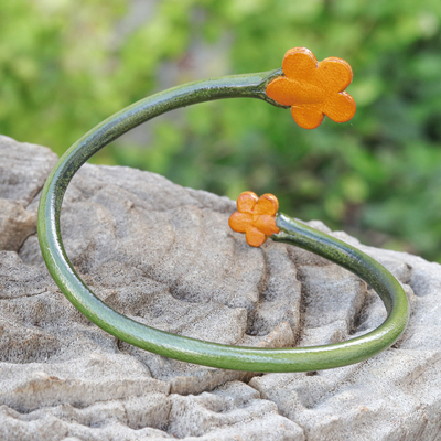 Handcrafted Floral Green and Orange Leather Wrap Bracelet