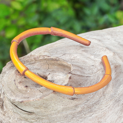 Bamboo-Inspired Adjustable Yellow Leather Cuff Bracelet