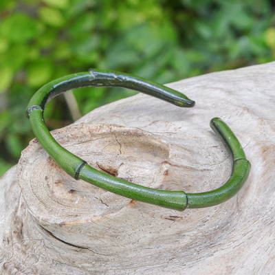 Bamboo-Inspired Adjustable Green Leather Cuff Bracelet
