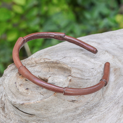 Bamboo-Inspired Adjustable Brown Leather Cuff Bracelet