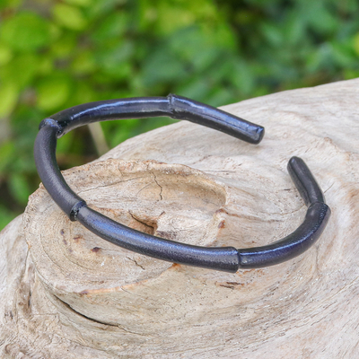 Bamboo-Inspired Adjustable Black Leather Cuff Bracelet