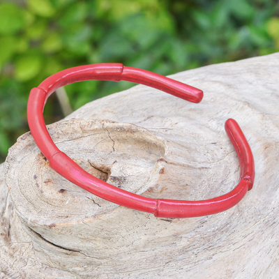 Bamboo-Inspired Adjustable Red Leather Cuff Bracelet