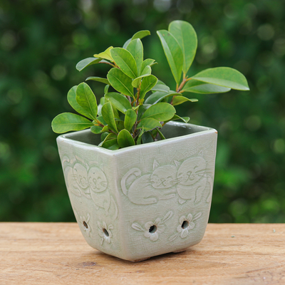 Cat and Floral-Themed Celadon Ceramic Mini Planter in Green