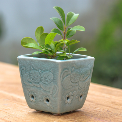 Cat and Floral-Themed Celadon Ceramic Mini Planter in Blue
