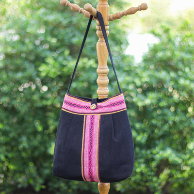 Handcrafted Black and Pink Cotton Shoulder Bag from Thailand