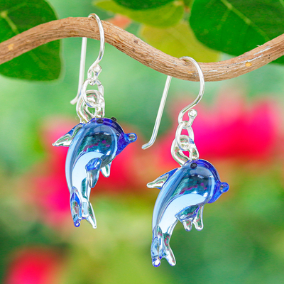 Handblown Dolphin-Shaped Glass Dangle Earrings in Blue
