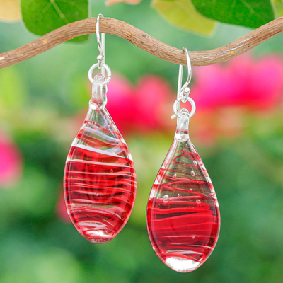 Handblown Glass Dangle Earrings with Red Spirals