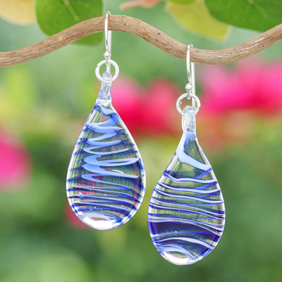 Handblown Glass Dangle Earrings with Azure Spirals