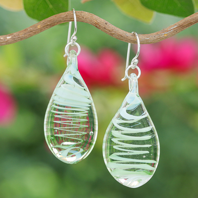 Handblown Glass Dangle Earrings with Light Green Spirals