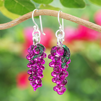 Grape Themed Handblown Glass Dangle Earrings in Purple