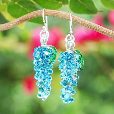 Blue & Green Grape-Inspired Handblown Glass Dangle Earrings