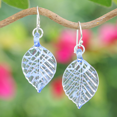 Handblown Striped Blue and Clear Glass Leaf Dangle Earrings