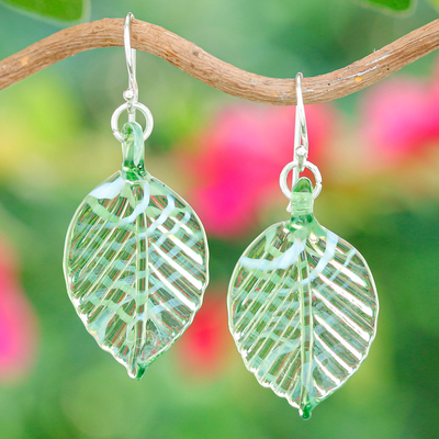 Handblown Striped Green and Clear Glass Leaf Dangle Earrings