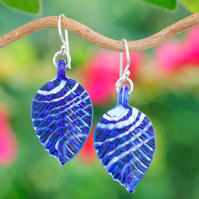 Handblown Leaf-Shaped Striped Blue Glass Dangle Earrings