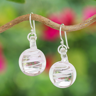 Handblown Glass Dangle Earrings with Pink & White Spirals