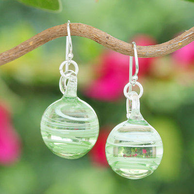 Handblown Glass Dangle Earrings with Green & White Spirals