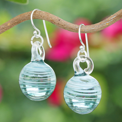 Blown Glass Dangle Earrings with Light Blue & White Spirals
