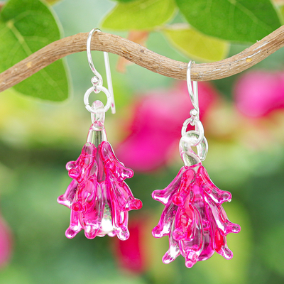 Tree-Inspired Handblown Glass Dangle Earrings in Fuchsia