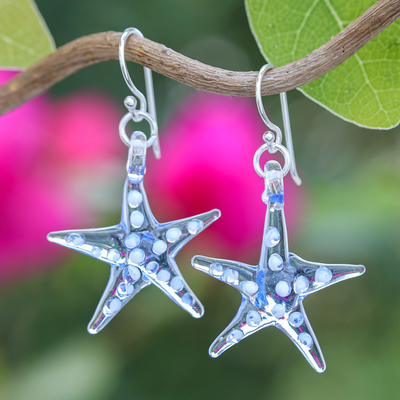 Light Blue & White Handblown Glass Starfish Dangle Earrings