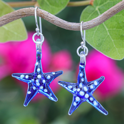 Blue & White Handblown Glass Starfish Dangle Earrings
