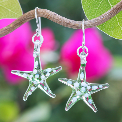 Green & White Handblown Glass Starfish Dangle Earrings