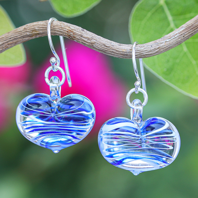 Handblown Glass Heart Dangle Earrings in Blue and White