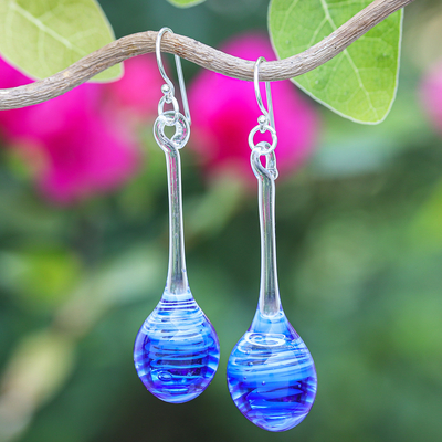 Blue White & Clear Handblown Glass Pendulum Dangle Earrings