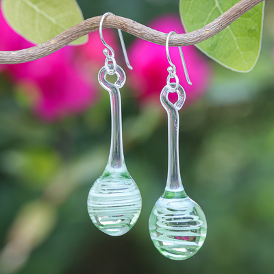 Green White & Clear Handblown Glass Pendulum Dangle Earrings