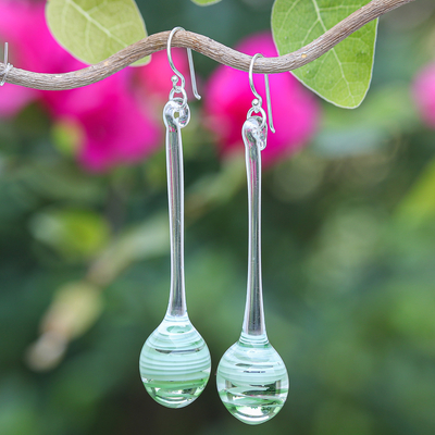 Green White & Clear Abstract Handblown Glass Dangle Earrings