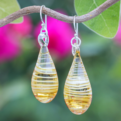 Handblown Glass Dangle Earrings with Yellow & White Spirals