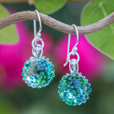 Handblown Glass Spike Ball Dangle Earrings in Green and Blue