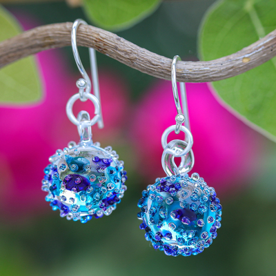 Handblown Glass Spike Ball Dangle Earrings in Purple & Blue
