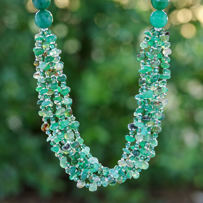 Green-Toned Chalcedony and Glass Beaded Strand Necklace