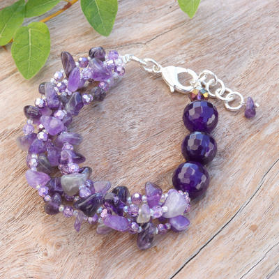 Purple-Toned Amethyst and Chalcedony Beaded Strand Bracelet