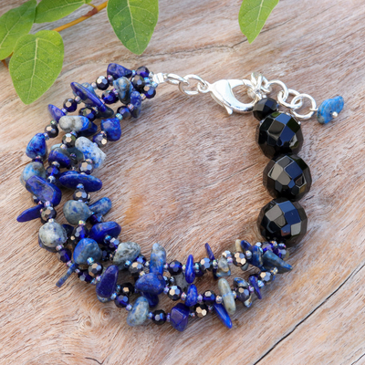 Blue-Toned Lapis Lazuli and Glass Beaded Strand Bracelet