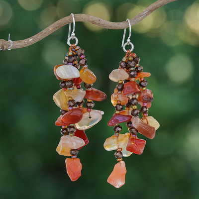 Orange-Toned Carnelian and Glass Beaded Waterfall Earrings