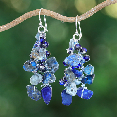 Blue-Toned Lapis Lazuli and Glass Beaded Waterfall Earrings